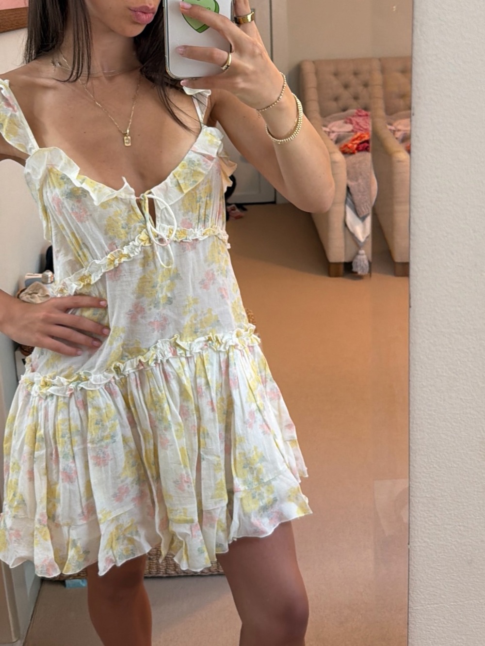Sunny Floral Ruffle Tie-Front Mini Dress in White with Yellow & Pink